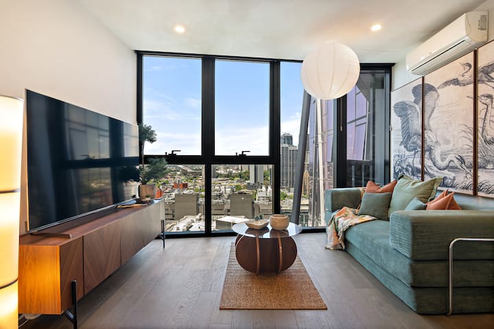 Japandi Retreat living space and city outlook